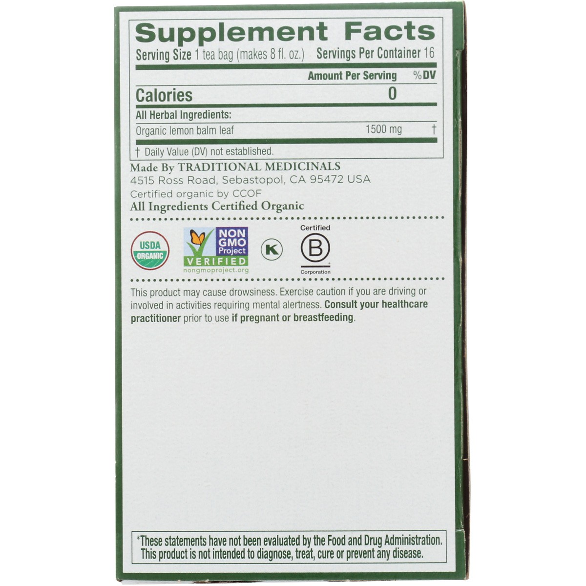 Traditional Medicinals Organic Lemon Balm Herbal Tea 16 Bags 3 Pack