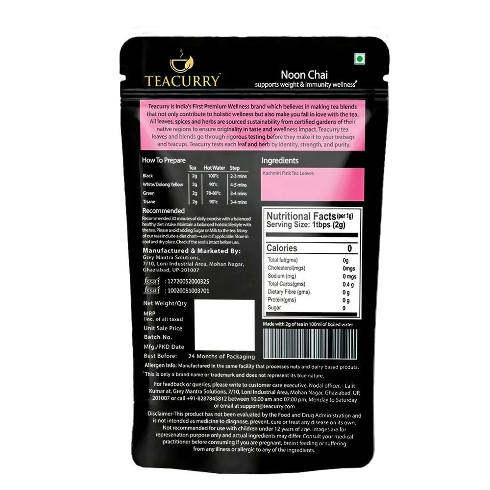 TEACURRY Noon Chai of Pink Tea Kashmiri Leaves (50 Gms free shipping world wide