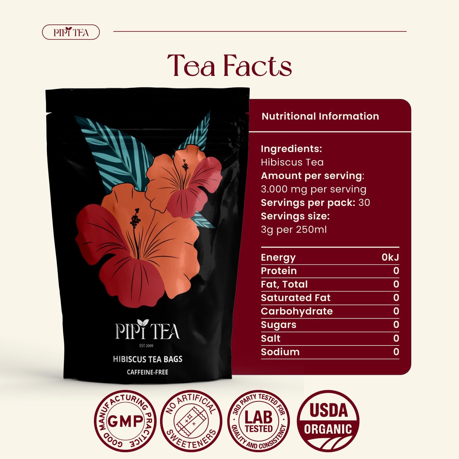 PiPi Tea Organic Hibiscus Tea Bags – Caffeine Free Herbal Tea Rich in Antioxidan