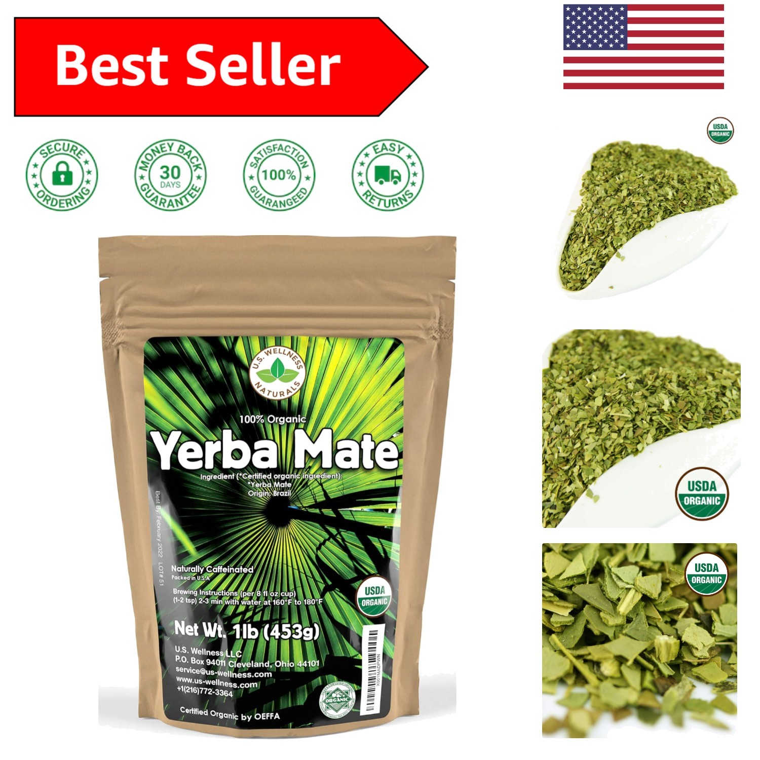 1LB Certified Organic Yerba Mate – Energizing High Caffeine Drink from Brazil