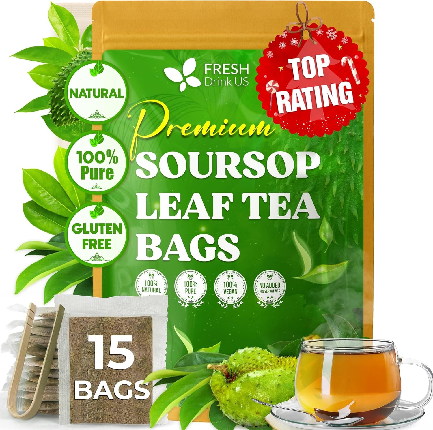 15 Premium Soursop Graviola Leaf Tea Bags, 100% Natural and Pure from Soursop