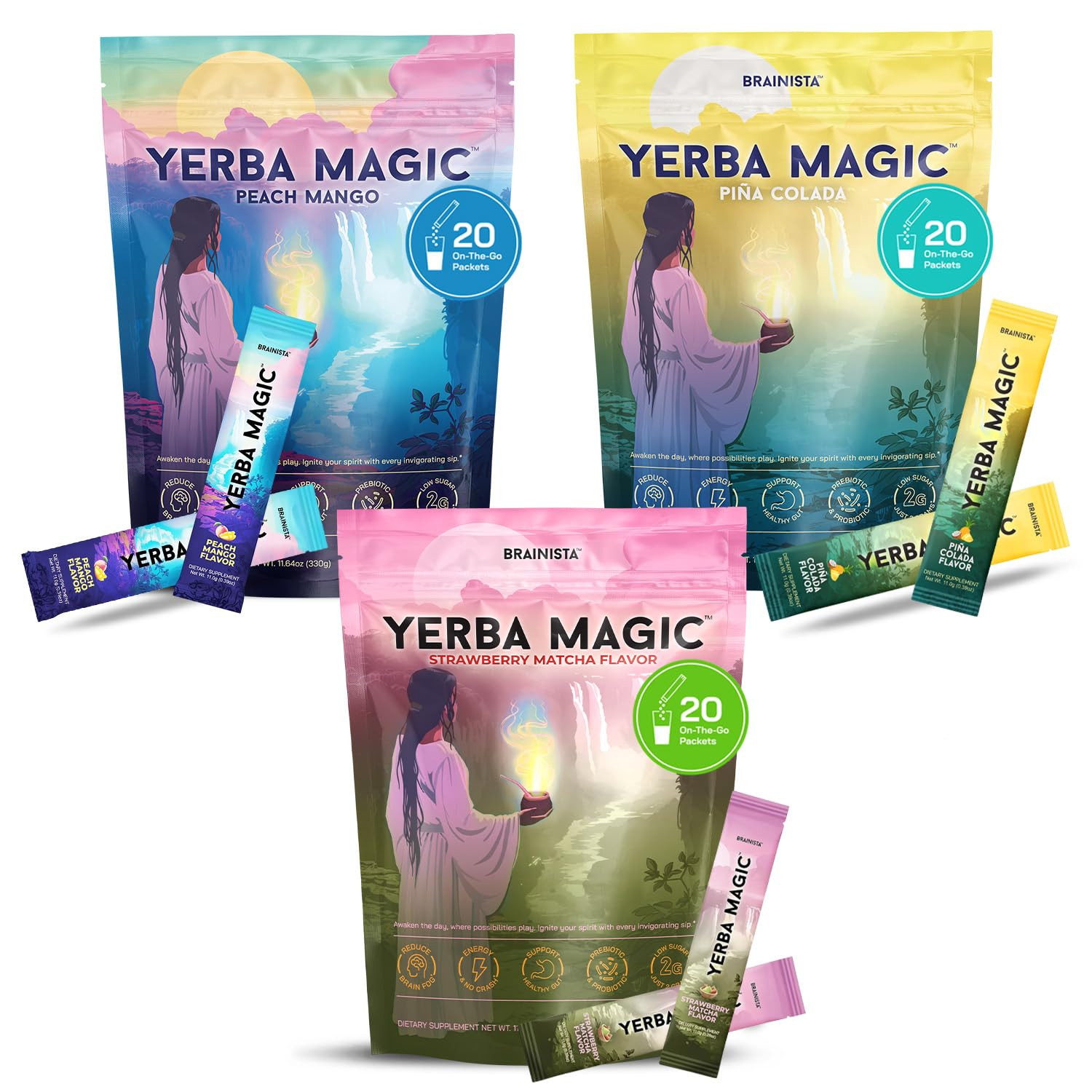 Yerba Mate Bundle: Peach Mango, Strawberry Matcha & Pina Colada – 60 Servings