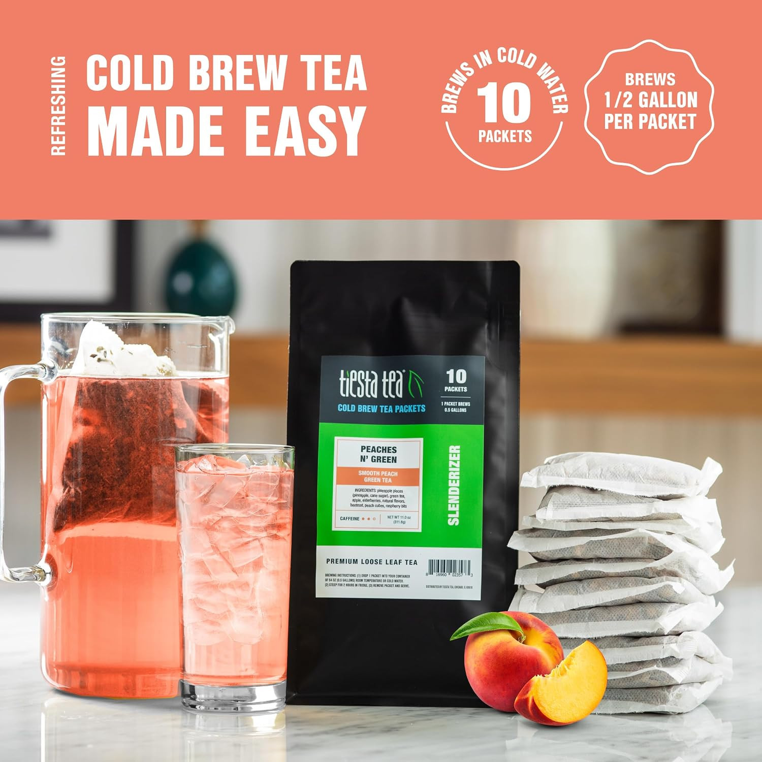Peach Green Tea Cold Brew Packets 10 Pack Makes 64 oz Pitcher Caffeinated Iced