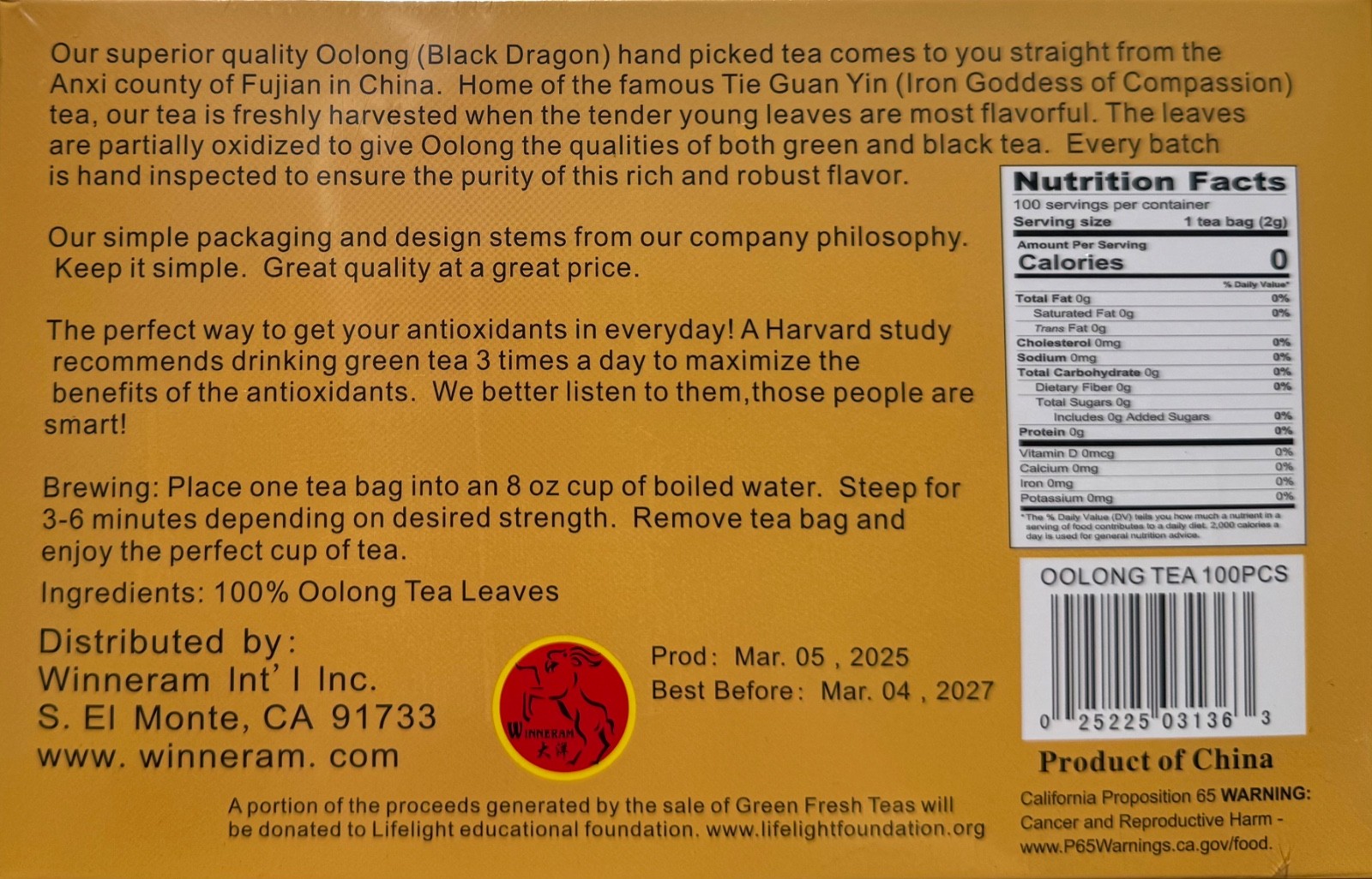 Green Fresh 100-Count Oolong Tea Bags 100% Natural Handpicked from Fujiang 7oz