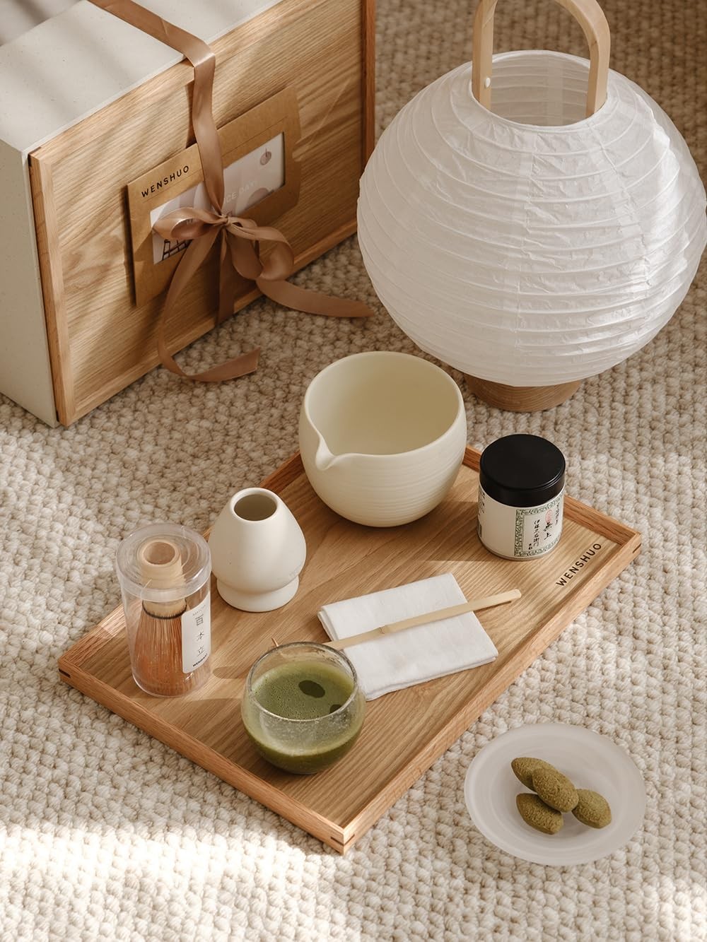 WENSHUO Matcha Whisk Sets (Matte Crème) with Wooden Tray and Ribbon Gift Box …