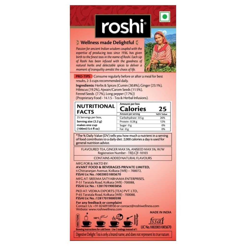 Roshi Digestive Delight Tea 25 Teabags with Hibiscus Ginger, Saunf Ajwain