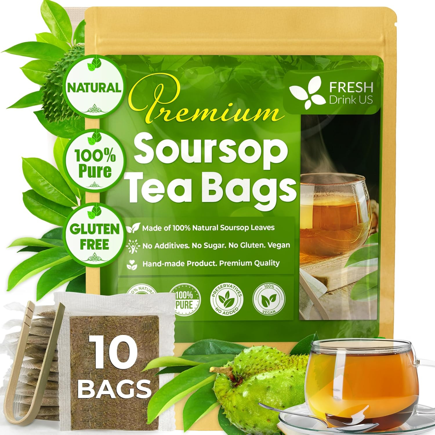 Freshdrinkus, Premium 10 Soursop Graviola Leaf Tea Bags, 100% Natural & Pure fro