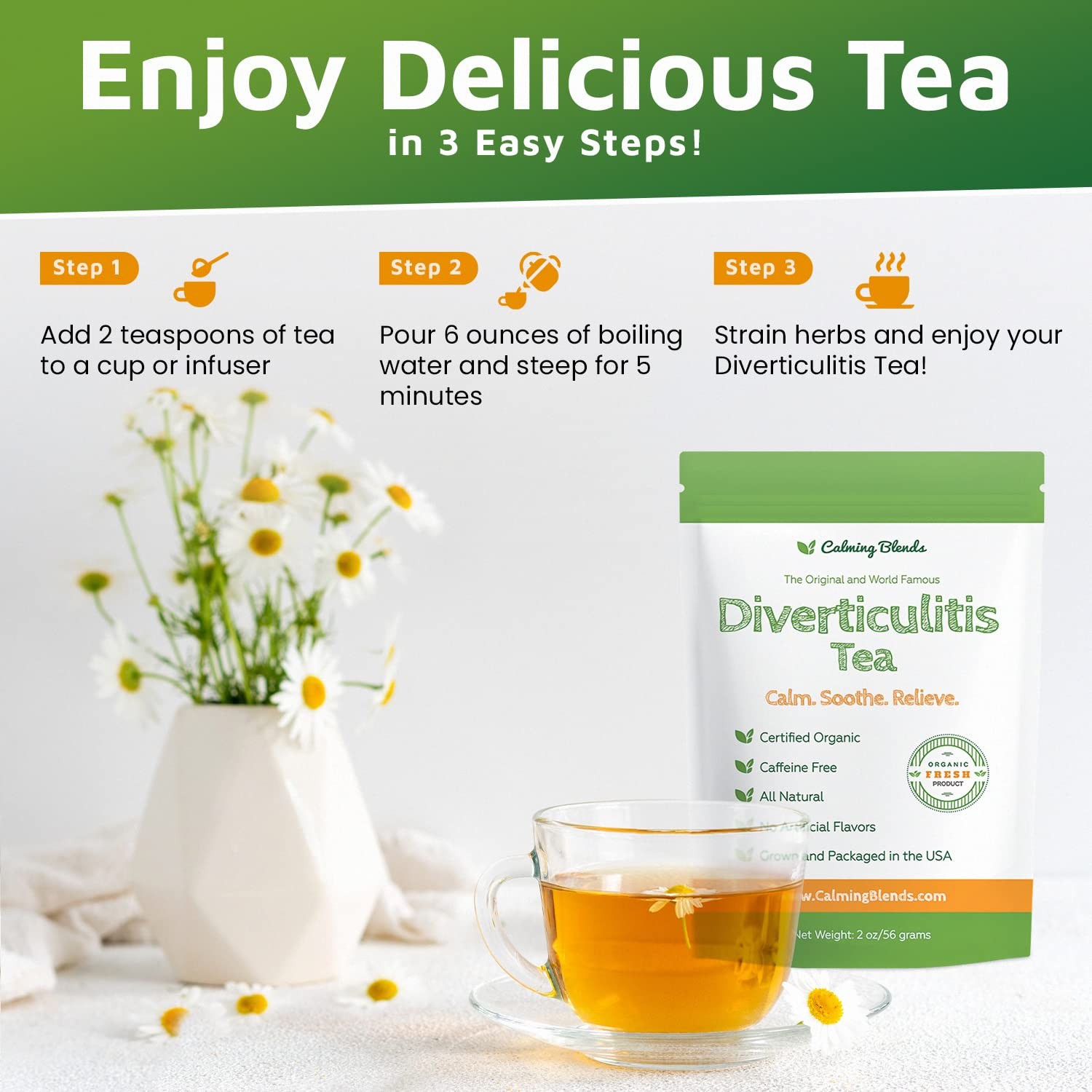 Chamomile Peppermint Tea Blend Loose Leaf Herbal Relaxation 2 Ounce Pouch