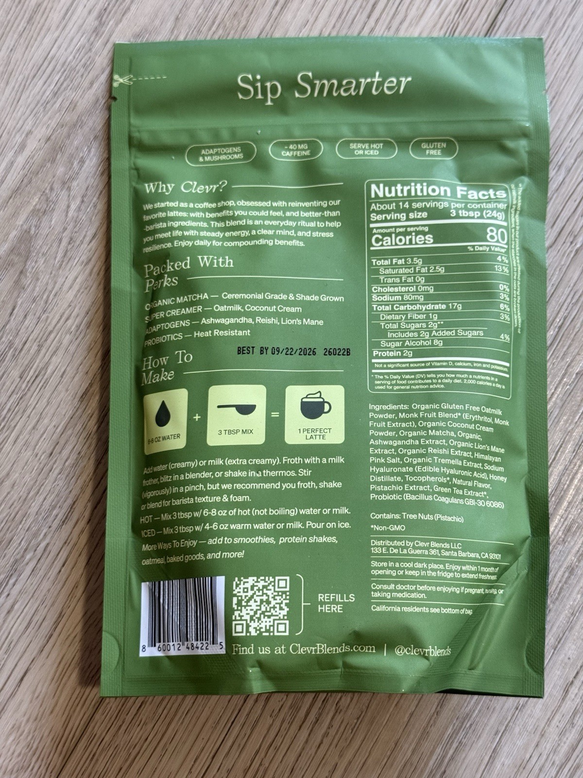 3x Clevr OatMilk Latte Honey Pistachio Matcha SuperLatte 12oz Each Bag (3 Pack)