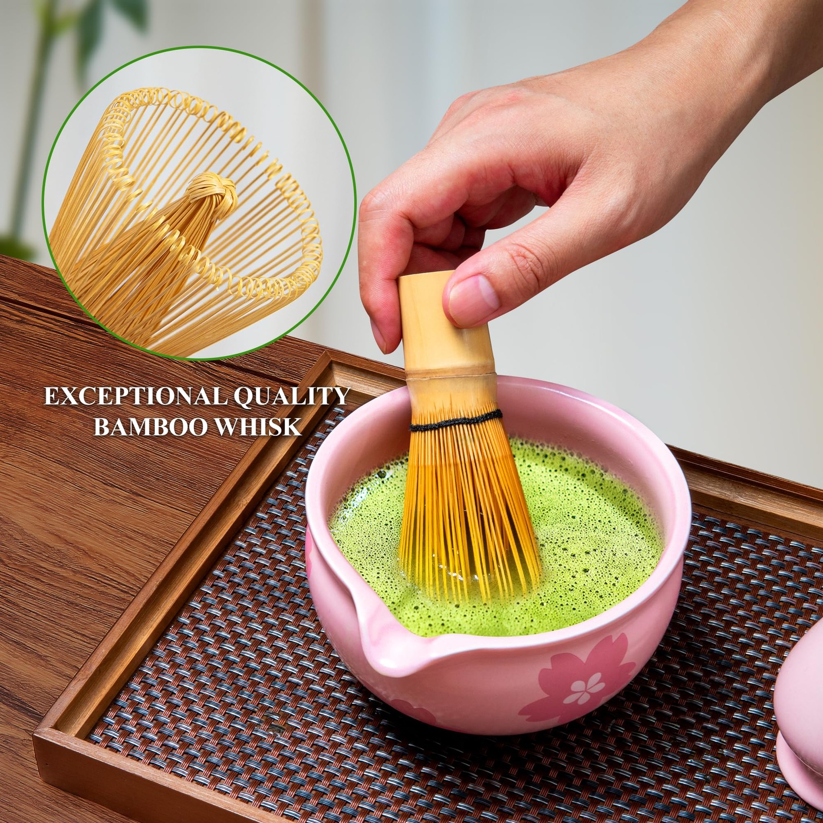 Matcha Whisk Set Bamboo Chasen Ceramic Holder – Fine Mesh Sifter Scoop Kit