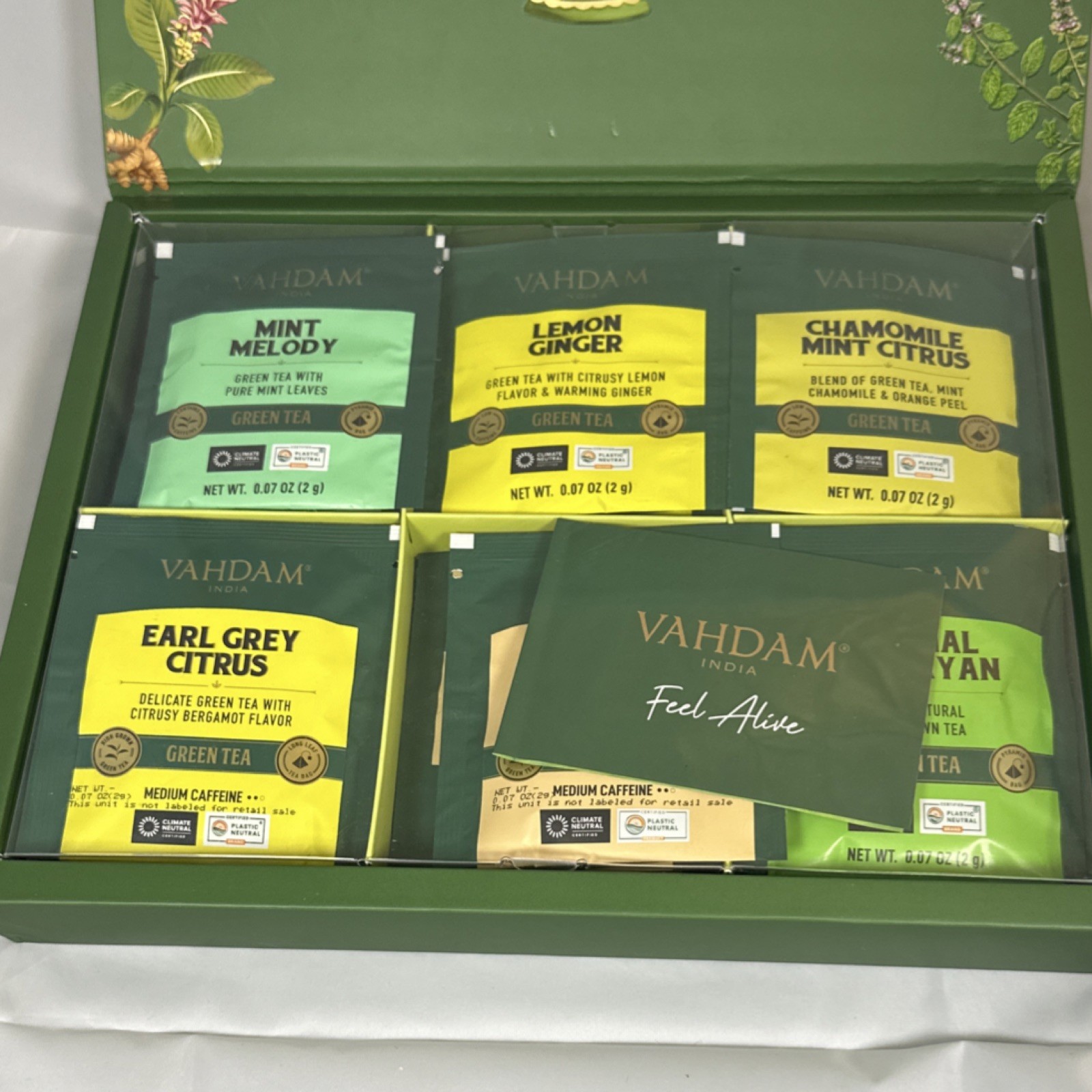 Vahdam Assorted Sampler Green Tea 36 Bags Mint Lemon Ginger Chamomile Citrus