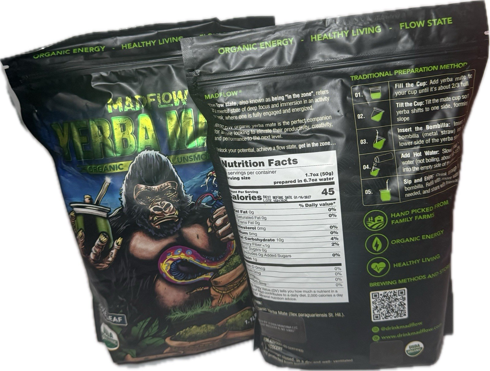 2 Lbs MADFLOW Unsmoked Organic Yerba Mate Loose Leaf Mate Tea
