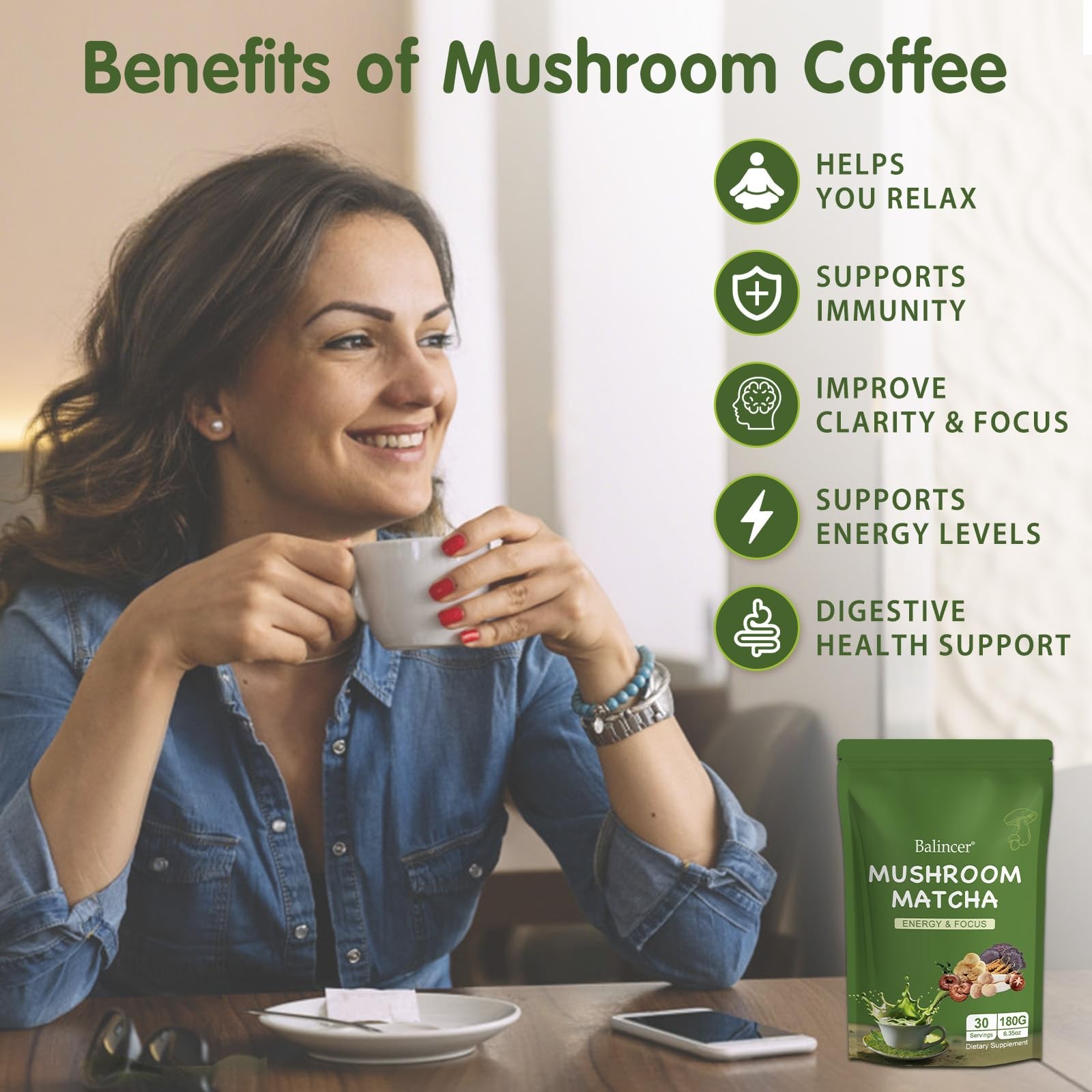Mushroom Matcha, 6 Adaptogenic Mushrooms (Lion’s Mane, Cordyceps, Turkey Tail…