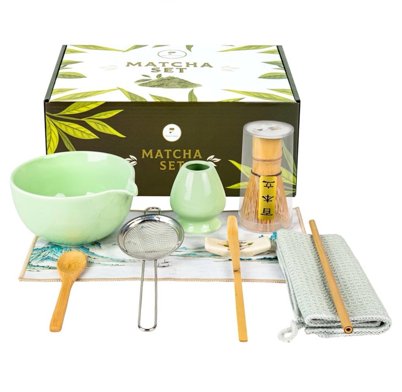10 Pcs Matcha Whisk Set, 100 Prongs Bamboo Whisk with 17 OZ Spouted Ceramic