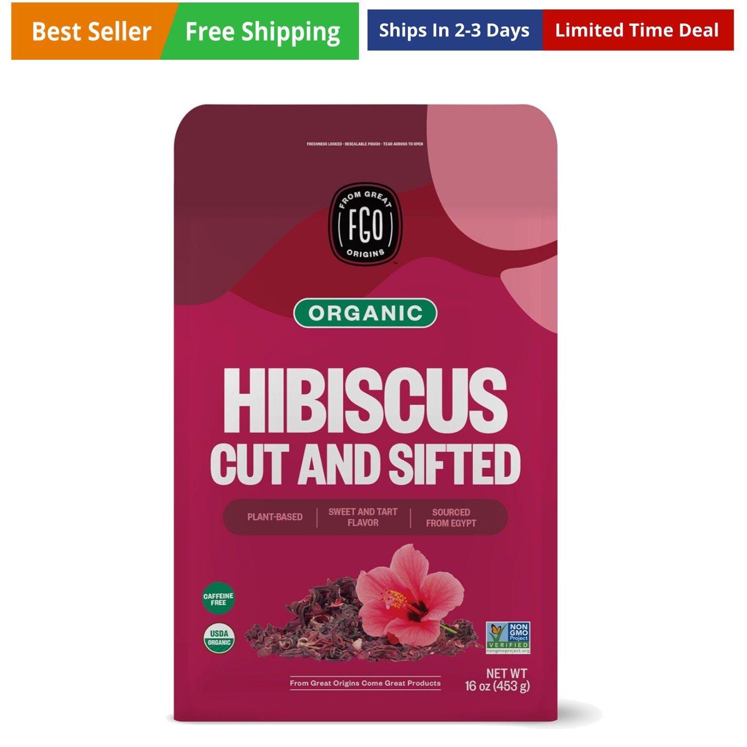 Organic Hibiscus Flowers, Cut and Sifted, 16oz Bulk Resealable Bag, Packaging…