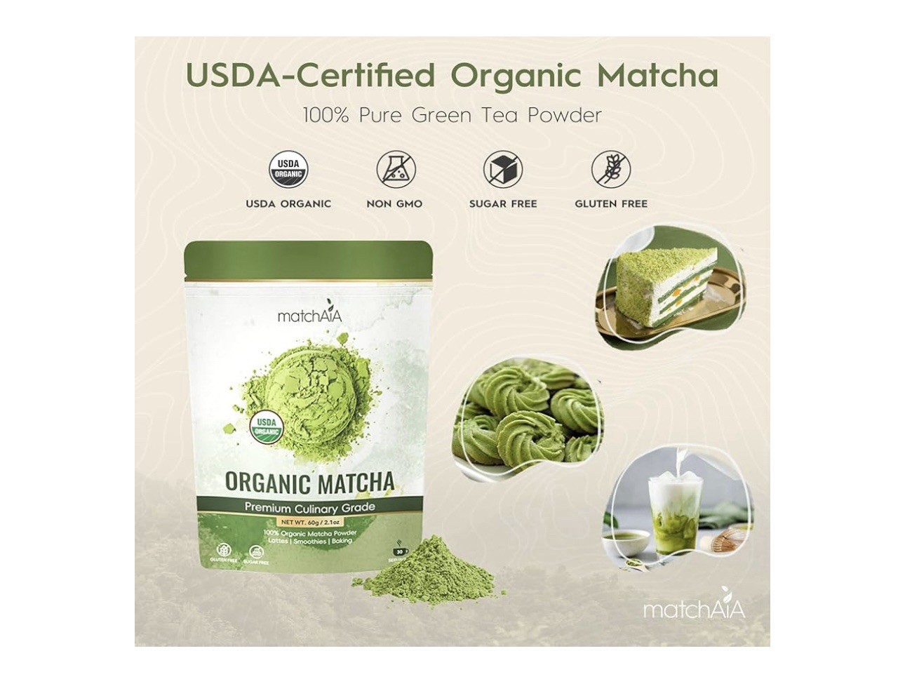 MatchAiA Premium Culinary Grade, USDA-Certified Organic Matcha, 100% Pure Green