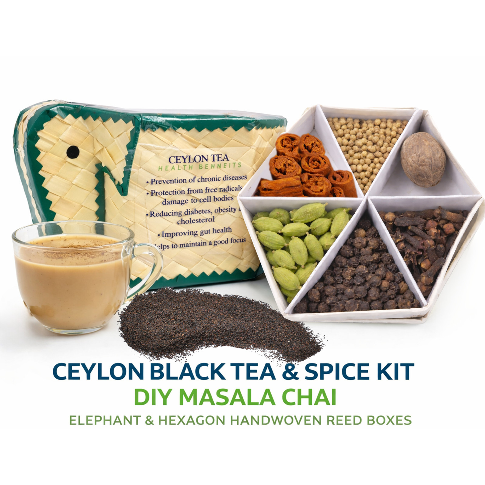 Ceylon Black Tea & Spice Kit DIY Masala Chai Gift Set 2 Handwoven Boxes