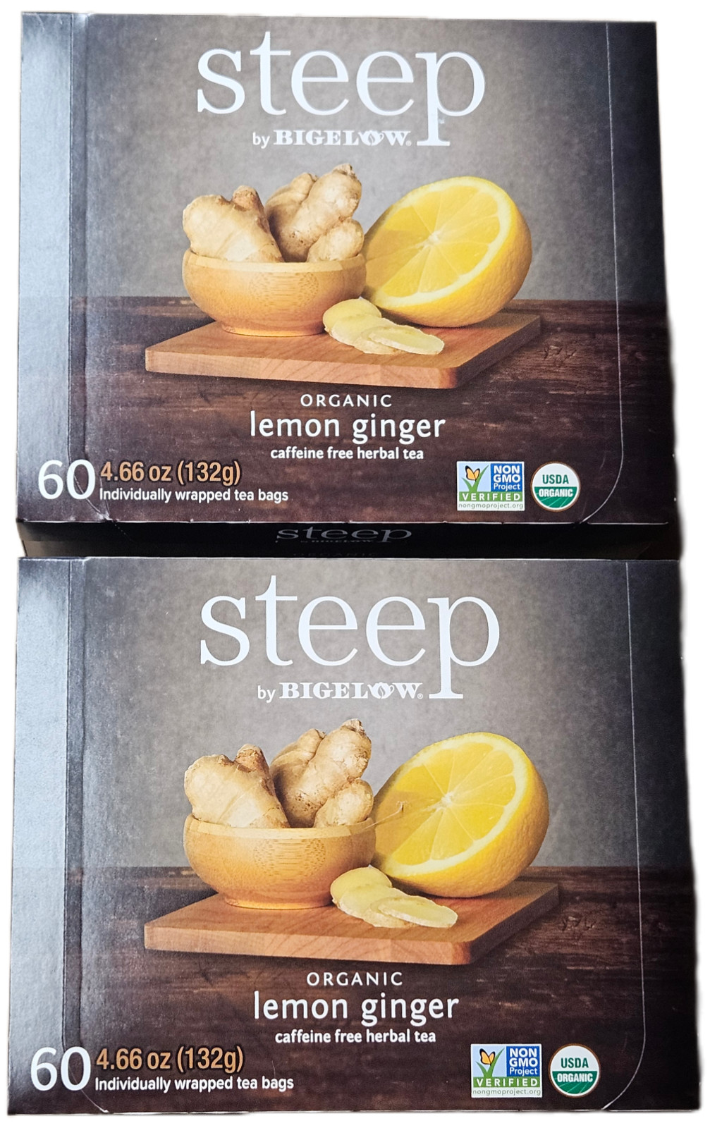 (2) Steep by Bigelow USDA Organic Non-GMO Lemon Ginger Herbal Tea – 60 Tea Bags