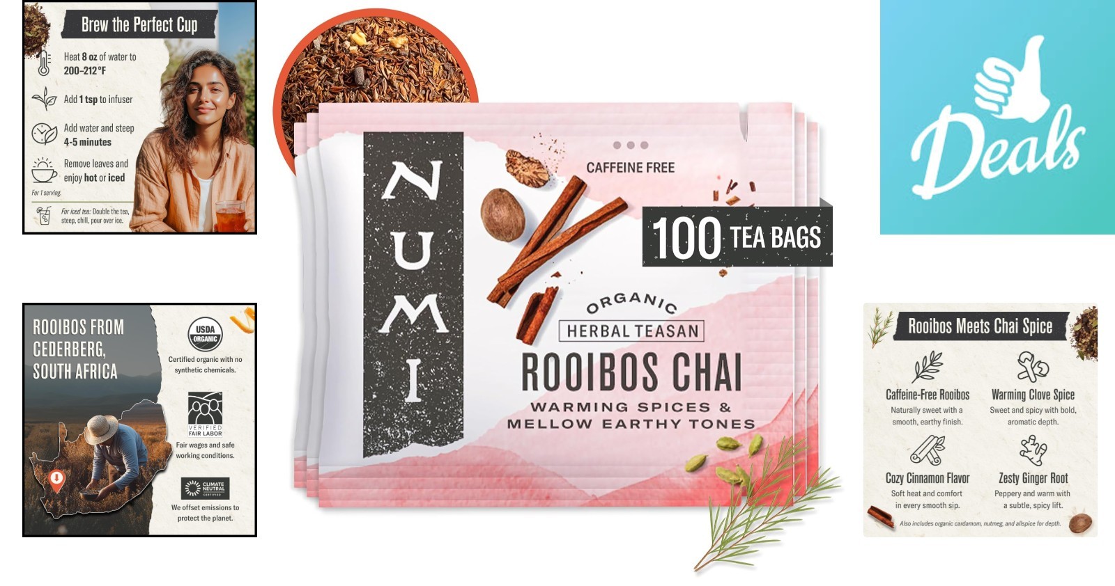 Caffeine-Free Organic Rooibos Chai – 100 Tea Bags for Relaxation & Wellness