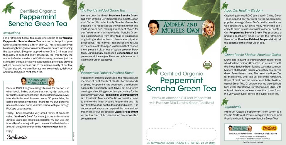 Andrew’s Own Certified Organic Peppermint Green Tea, 30 Sachets, New, Ships Free