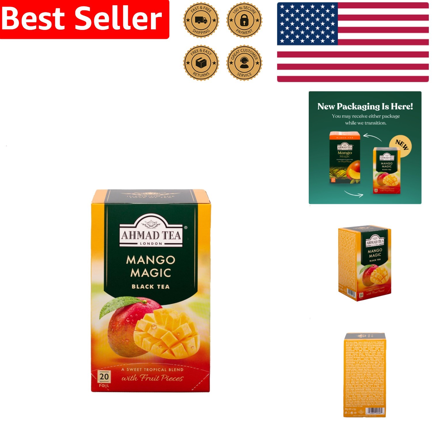 Mango Magic Black Tea 20 Bags Gluten Free Natural Fruit Pieces Refreshing Brew