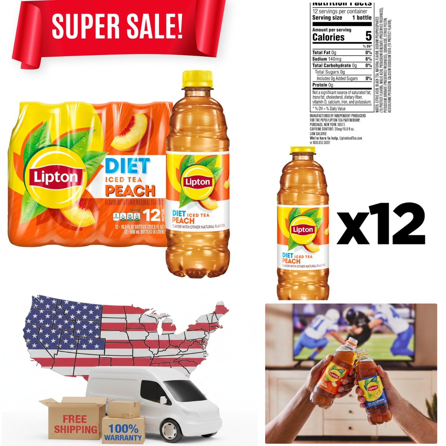 Sugar-Free Diet Peach Iced Tea, 16.9 Fl Oz Bottles – 12 Pack of Refreshment