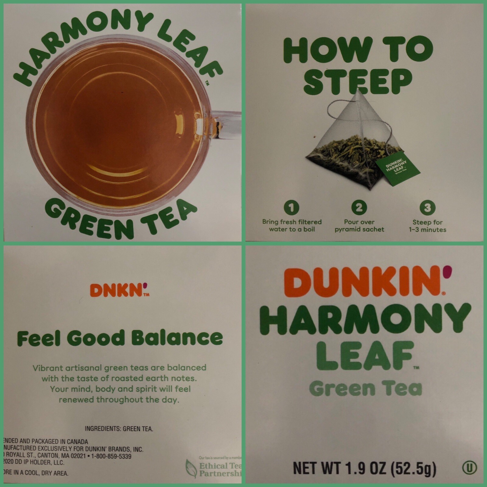 Dunkin Harmony Leaf Green Tea. 15 Tea Bags. NW 1.9 OZ EA.