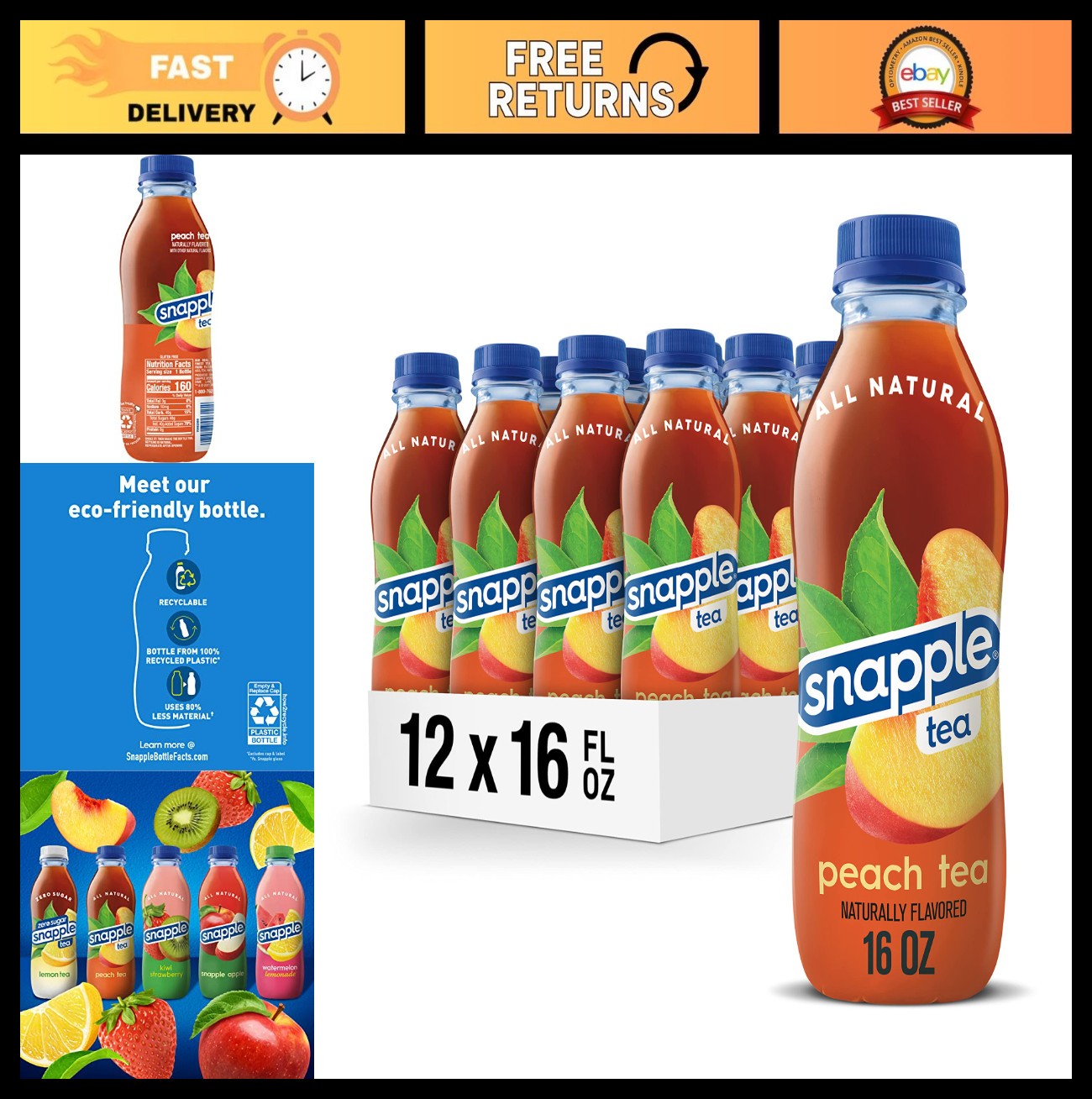 Peach Iced Tea, 16 oz Recycled Plastic Bottles, Refreshing Drink, Pack of 12