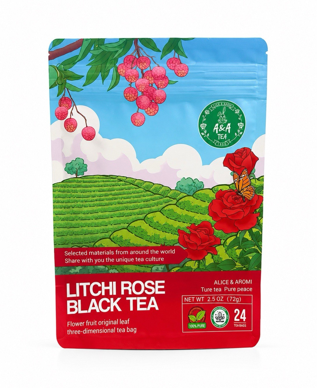 Alice & Aromi Litchi Rose Black Tea Bags 24ct 72g Chinese Tea & Infusion