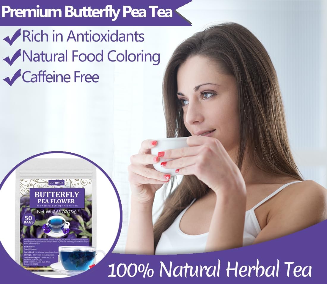 Premium Butterfly Pea Flower Tea Bags – 100 Natural, Caffeine-Free, 50 Count