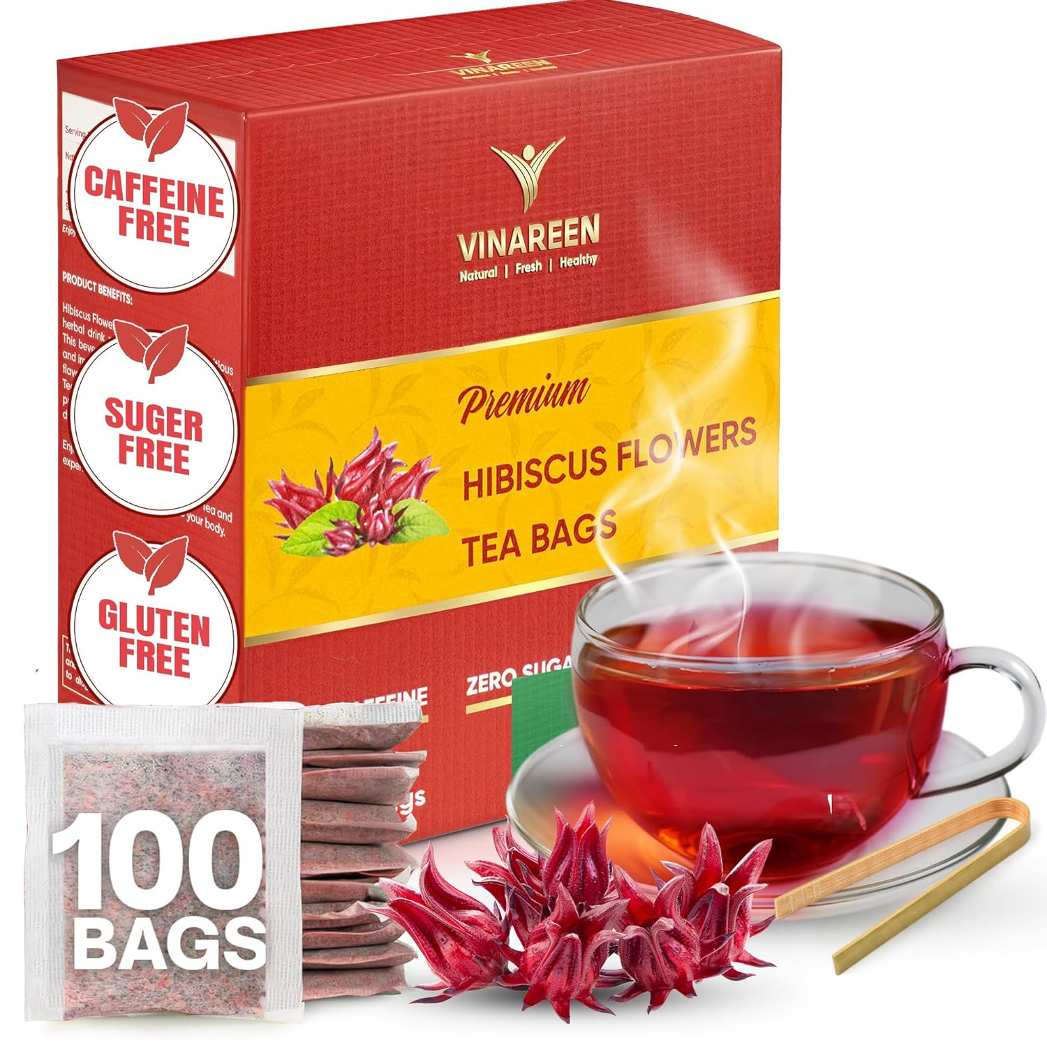 Hibiscus Tea – 100 Premium Herbal Tea Bags – Made from 100% Pure Hibiscus Flower