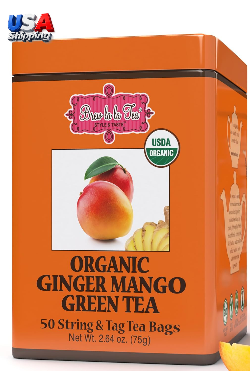 Green Tea Ginger Mango Flavor 50 Tea Bag Tin Organic Low Caffeine