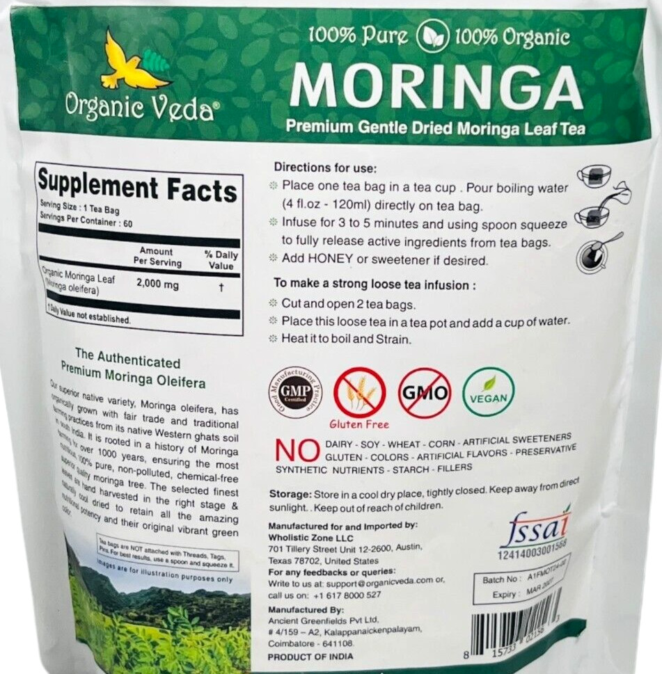 Organic Veda Moringa 60 Tea Bags – Herbal Supplement – EX 03/27