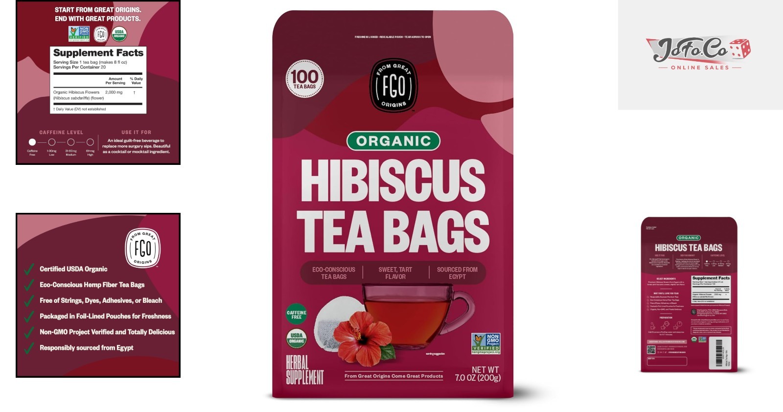 100 Count Caffeine-Free Organic Hibiscus Tea Bags for Refreshing Health