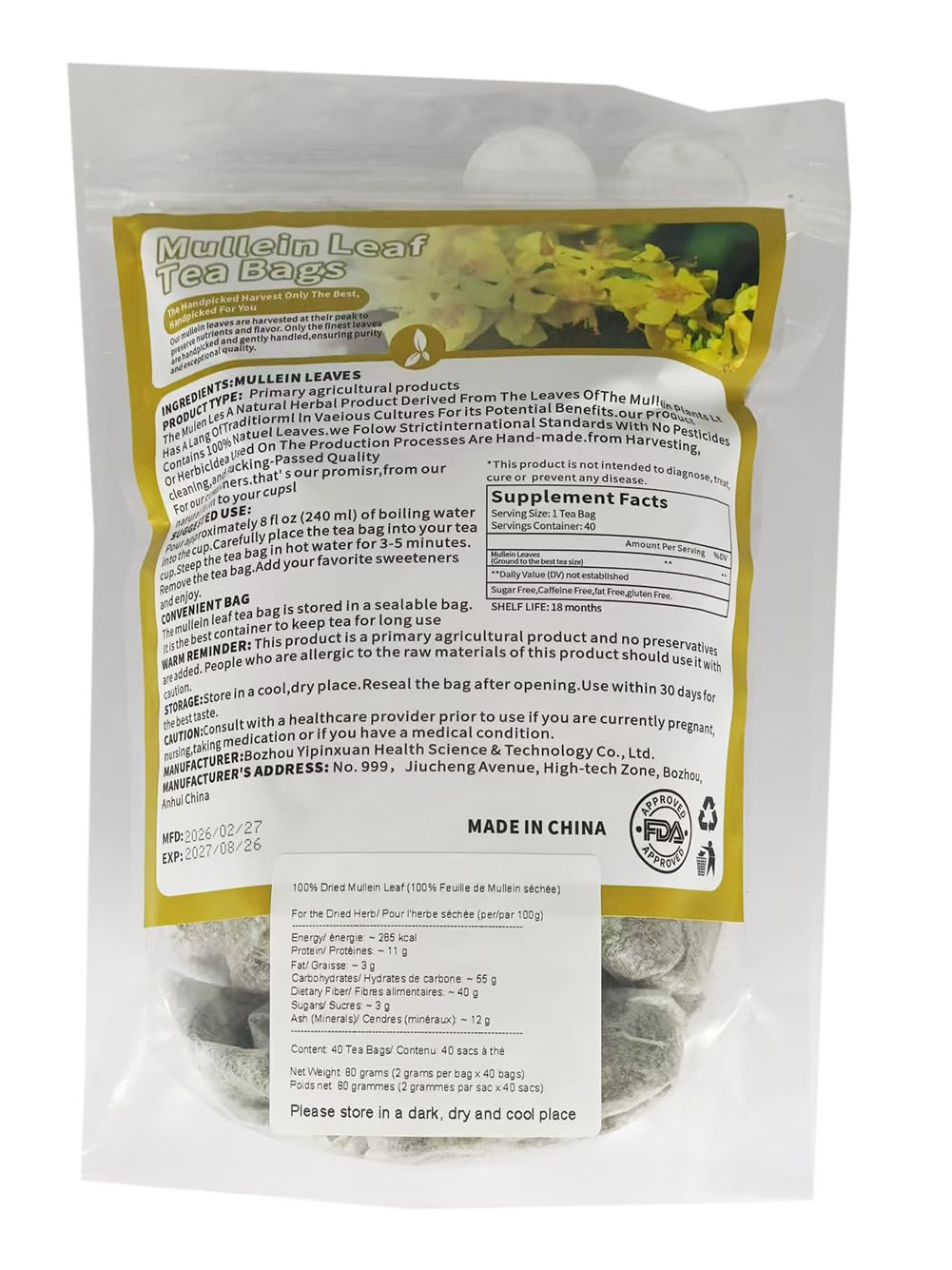 40pcs Mullein Leaf Tea Bags. Made with 100% Pure Leaves for Lungs…