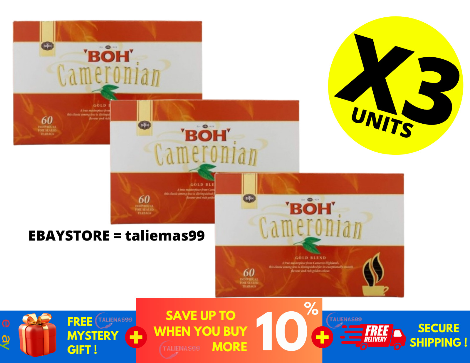 BOH Plantation Cameronian Gold Blend Tea Foil Sealed Malaysia ( 60 teabags ) X 3