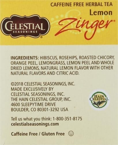 Celestial Seasonings 100% Natural Lemon Zinger Herbal Tea 20 Ct