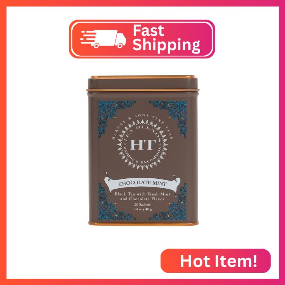 Harney and Sons Chocolate Mint, Flavored Black Tea – 20 Sachets per Tin