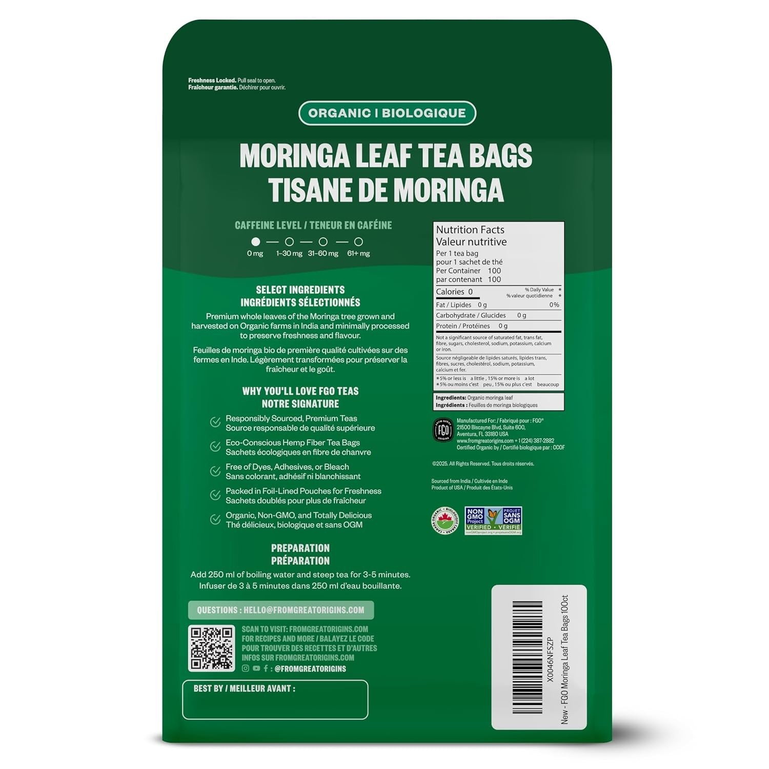 Organic Moringa Tea Bags, 100 Count for Immune Support and Detox Benefits