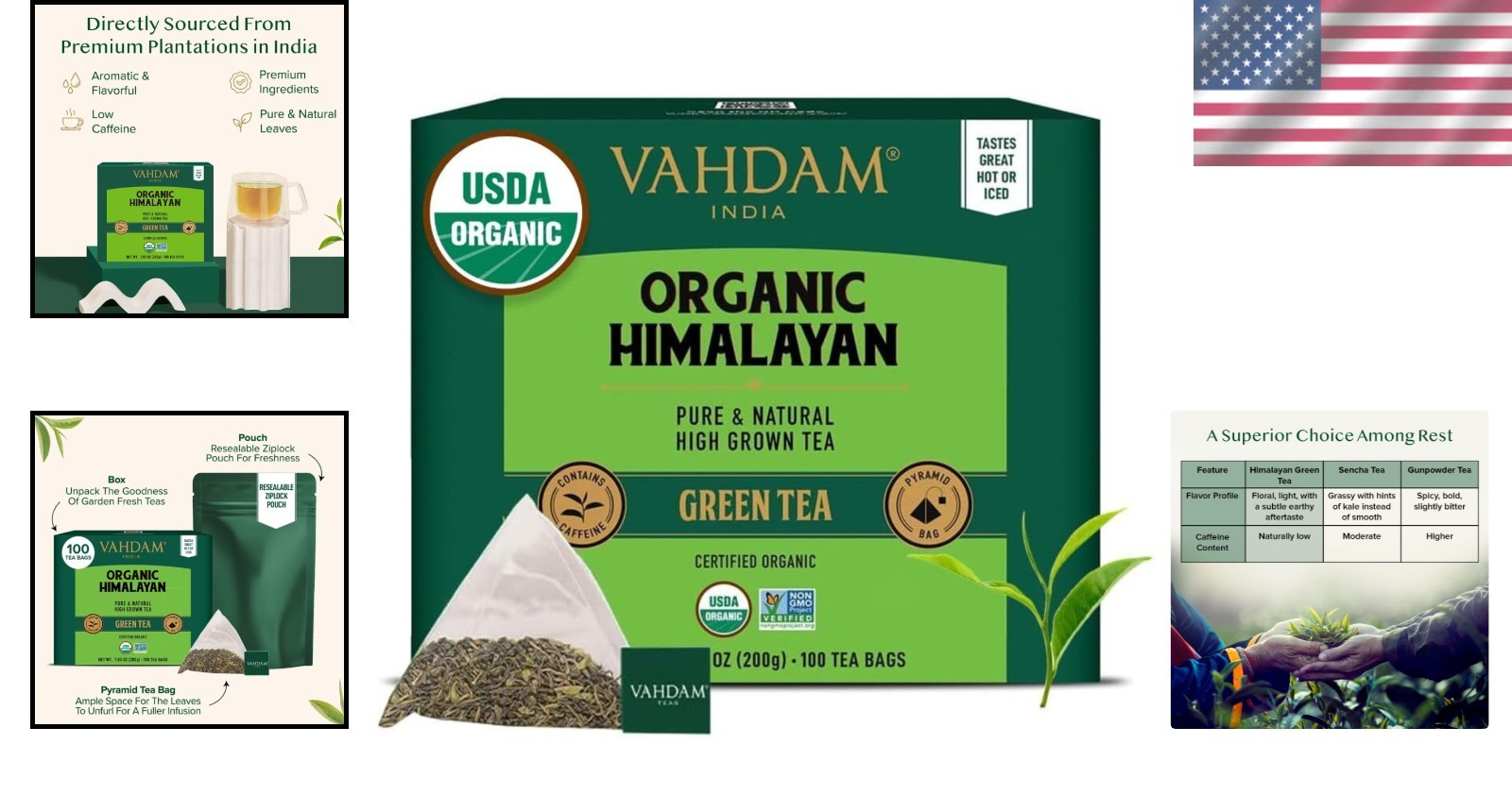 Earthy & Smooth Organic Himalayan Green Tea Bags – 100 Count Low Caffeine