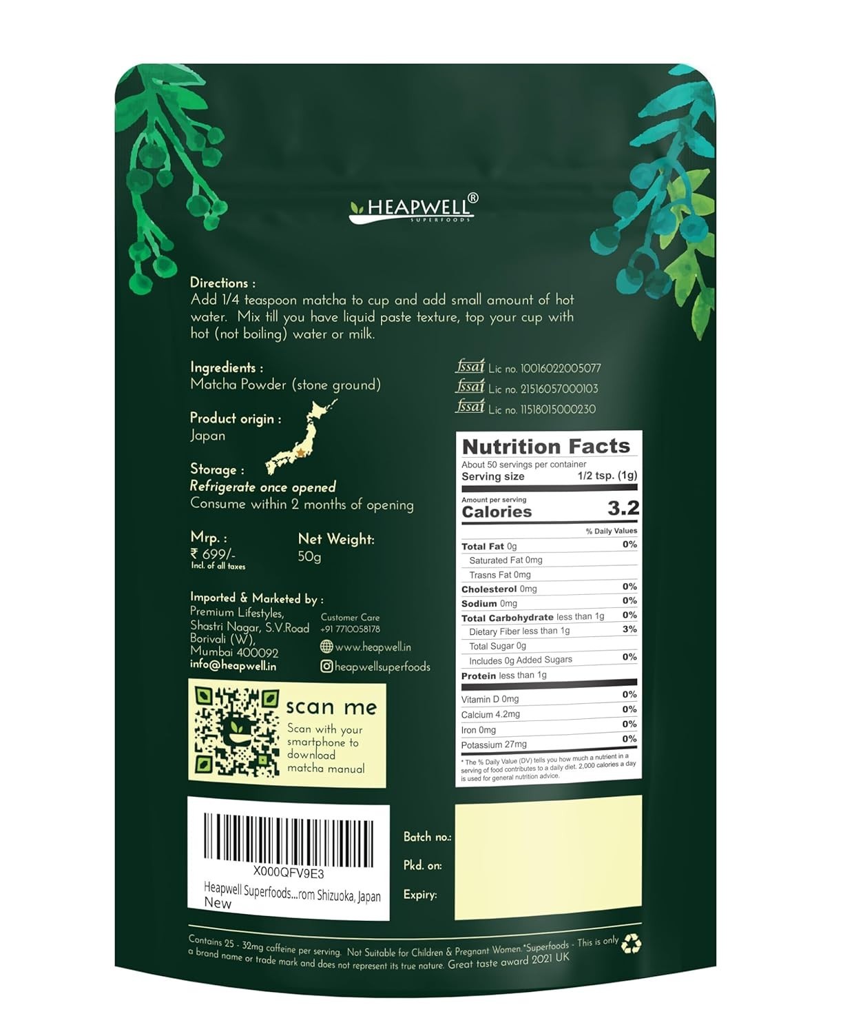 Heapwell Premium Japanese Matcha Green Tea Powder (50g) Culinary Grade – 30 sev