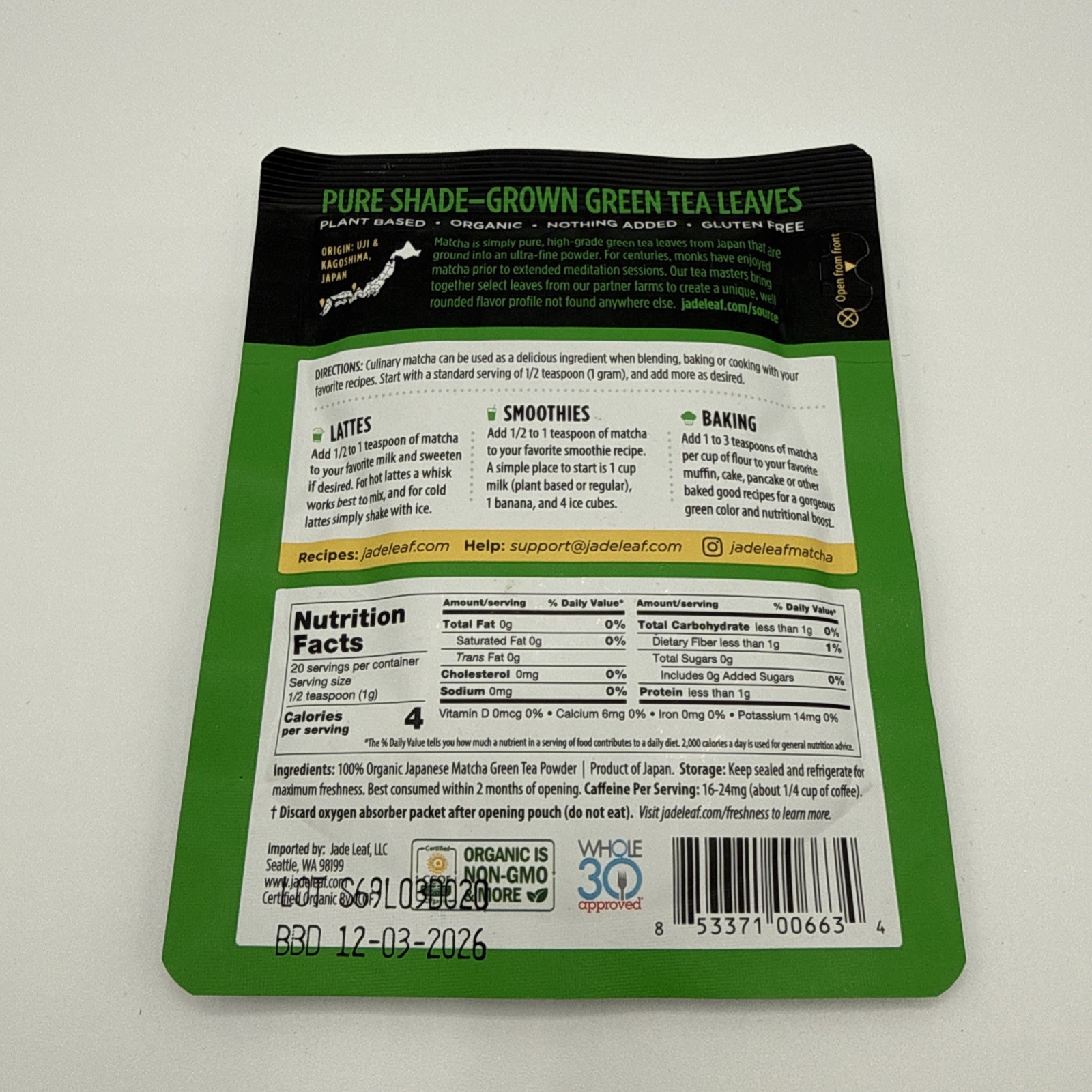 Jade Leaf Matcha, Organic Japanese Culinary Matcha, Powdered Tea, 0.7 Oz