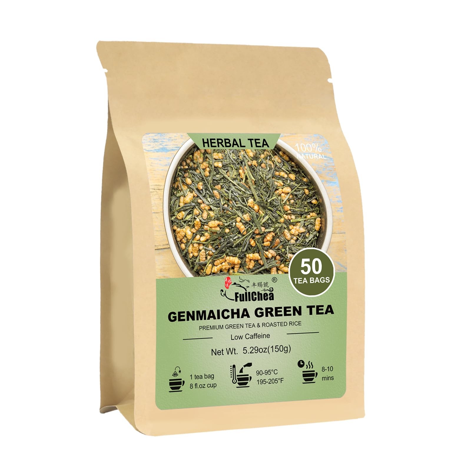Genmaicha Tea Bags – 50 Count, Green Tea with Roasted Rice, Low Caffeine, Dig.