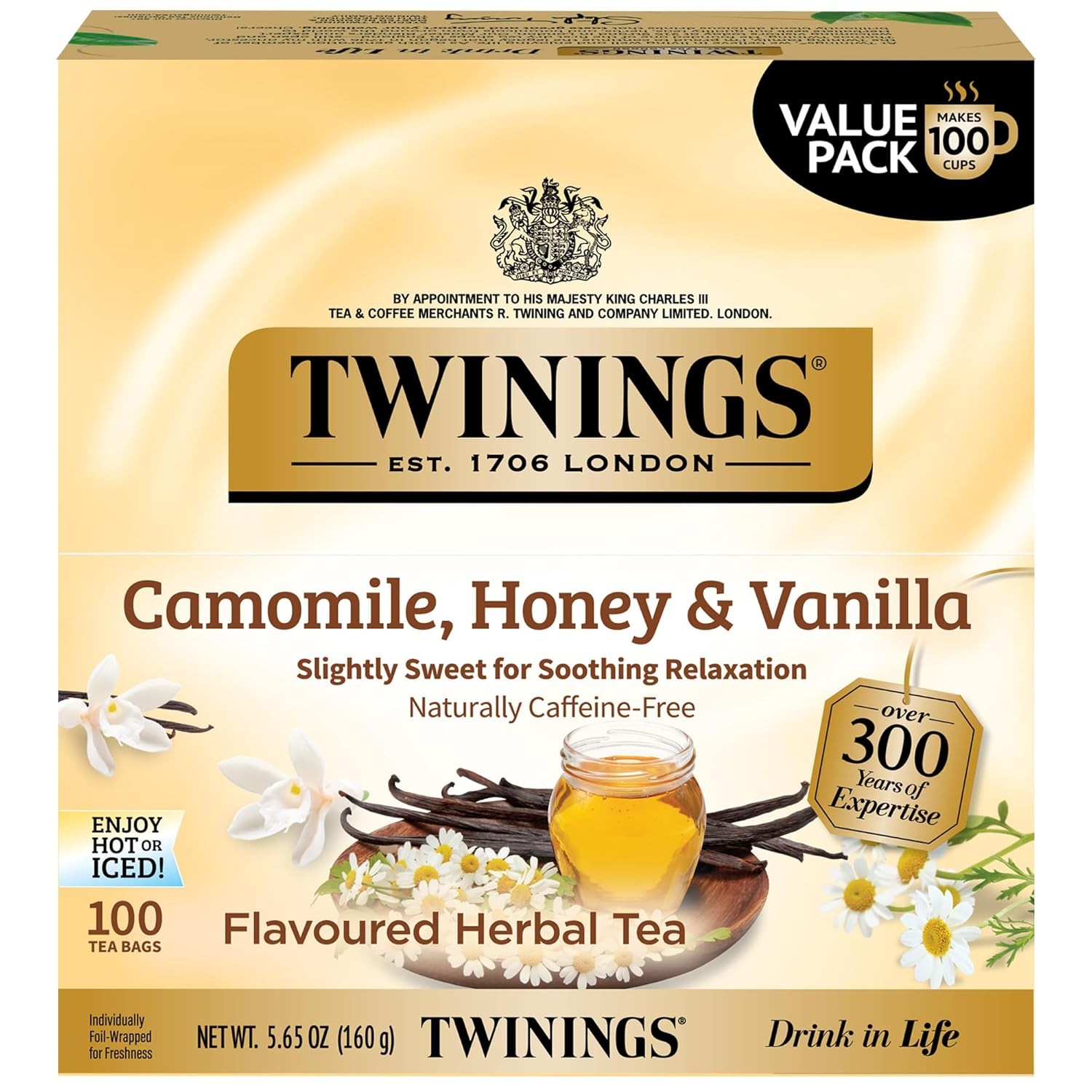 Twinings Camomile, Honey & Vanilla Herbal Tea Individually Wrapped Bags, 100 Cou