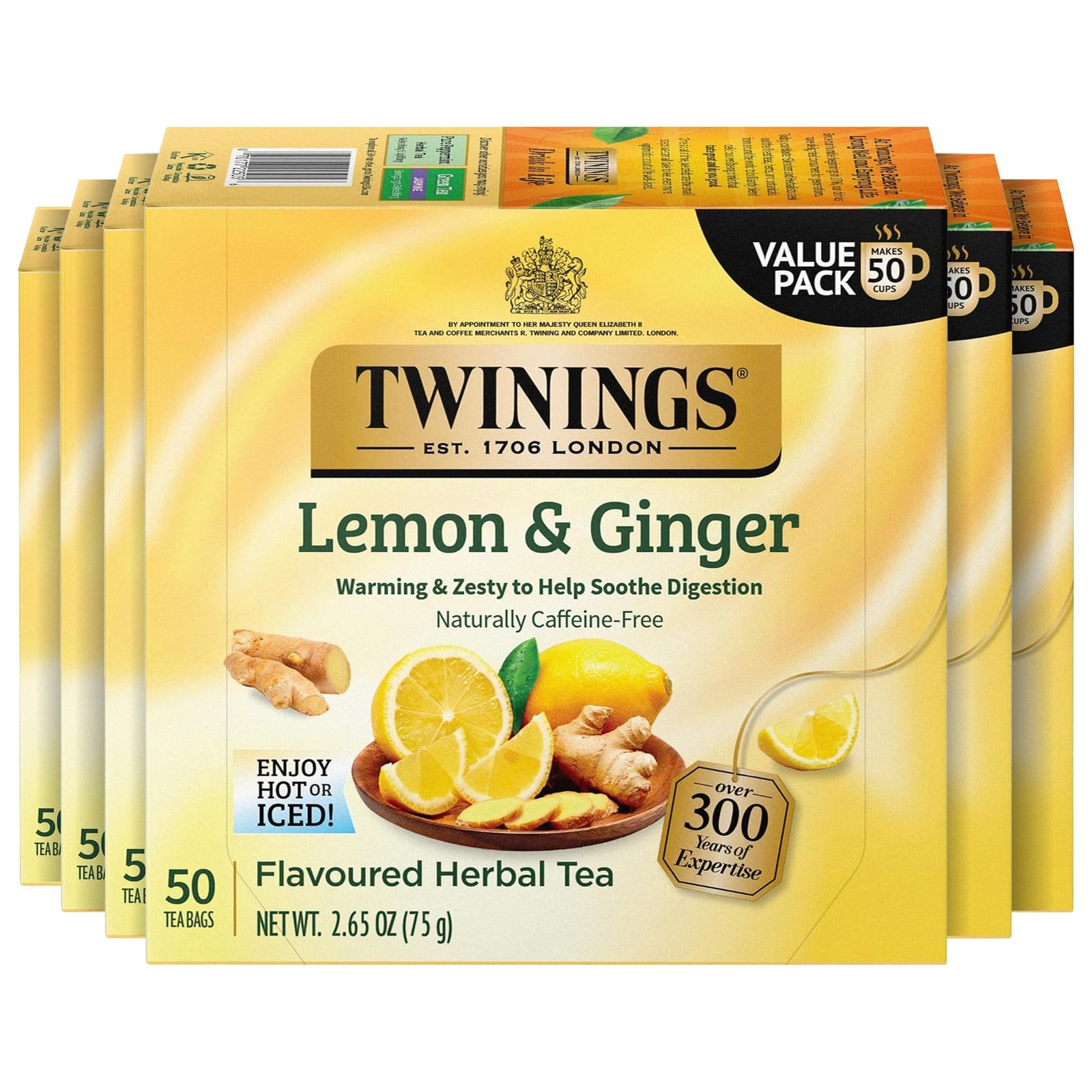 Twinings Lemon & Ginger Herbal Tea Individually Wrapped 50 Count (Pack of 6)