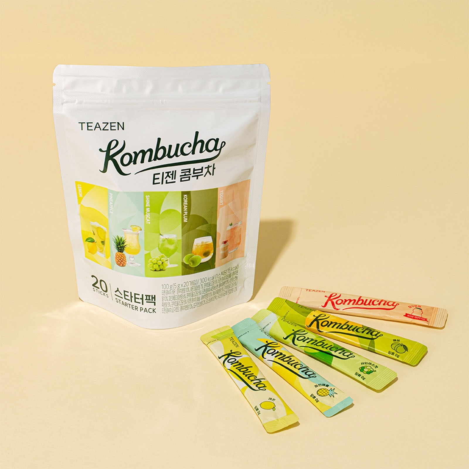 Teazen Kombucha Starter Pack Prebiotics Tea 20 Stick Set (5 Flavors × 4 Sticks)