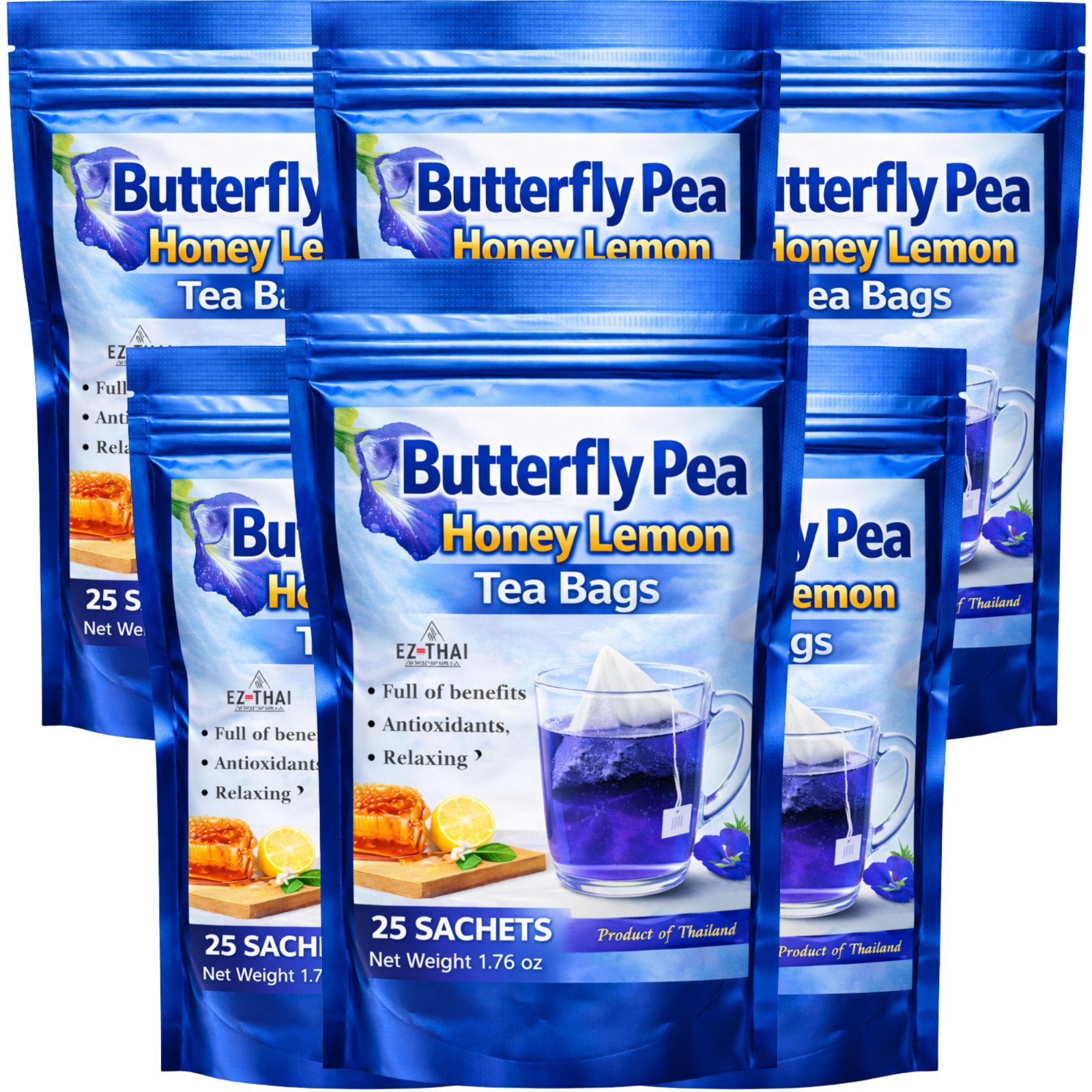 Family Share-6 Pack Hot Brew Butterfly Pea Honey Lemon 25 Bags 1.76oz Thai Tea