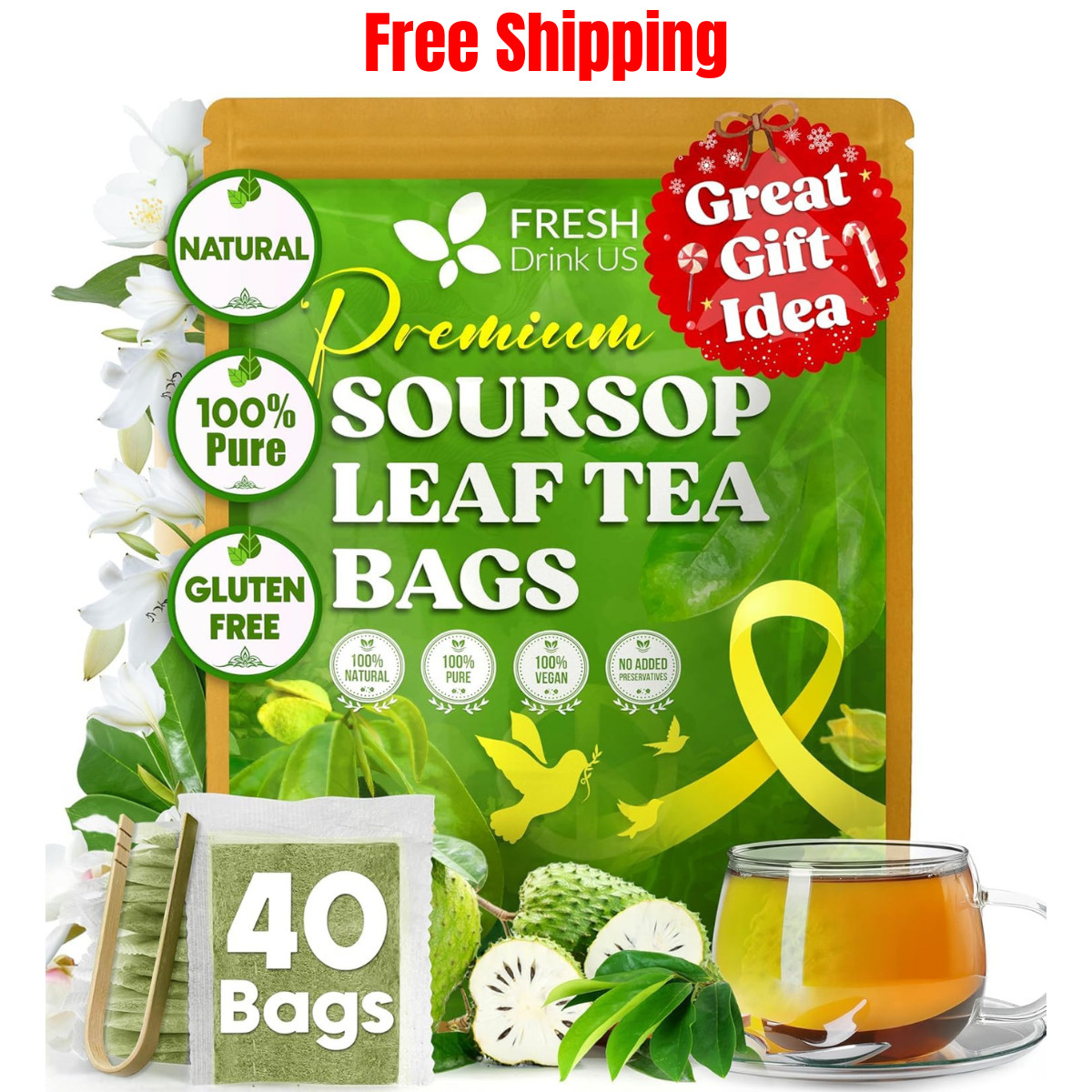 40 Premium Soursop Graviola Leaf Tea Bags, 100% Natural and Pure from Soursop Le