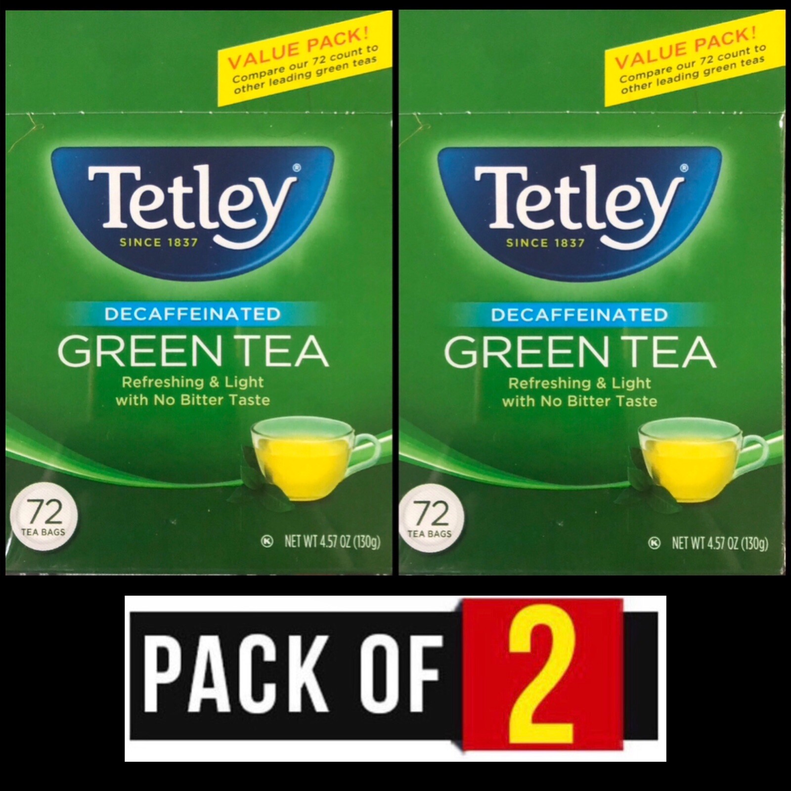 2 Box Tetley Green Tea Decaffeinated 144 Tea Bags NTW 130g EA NO Bitter Taste