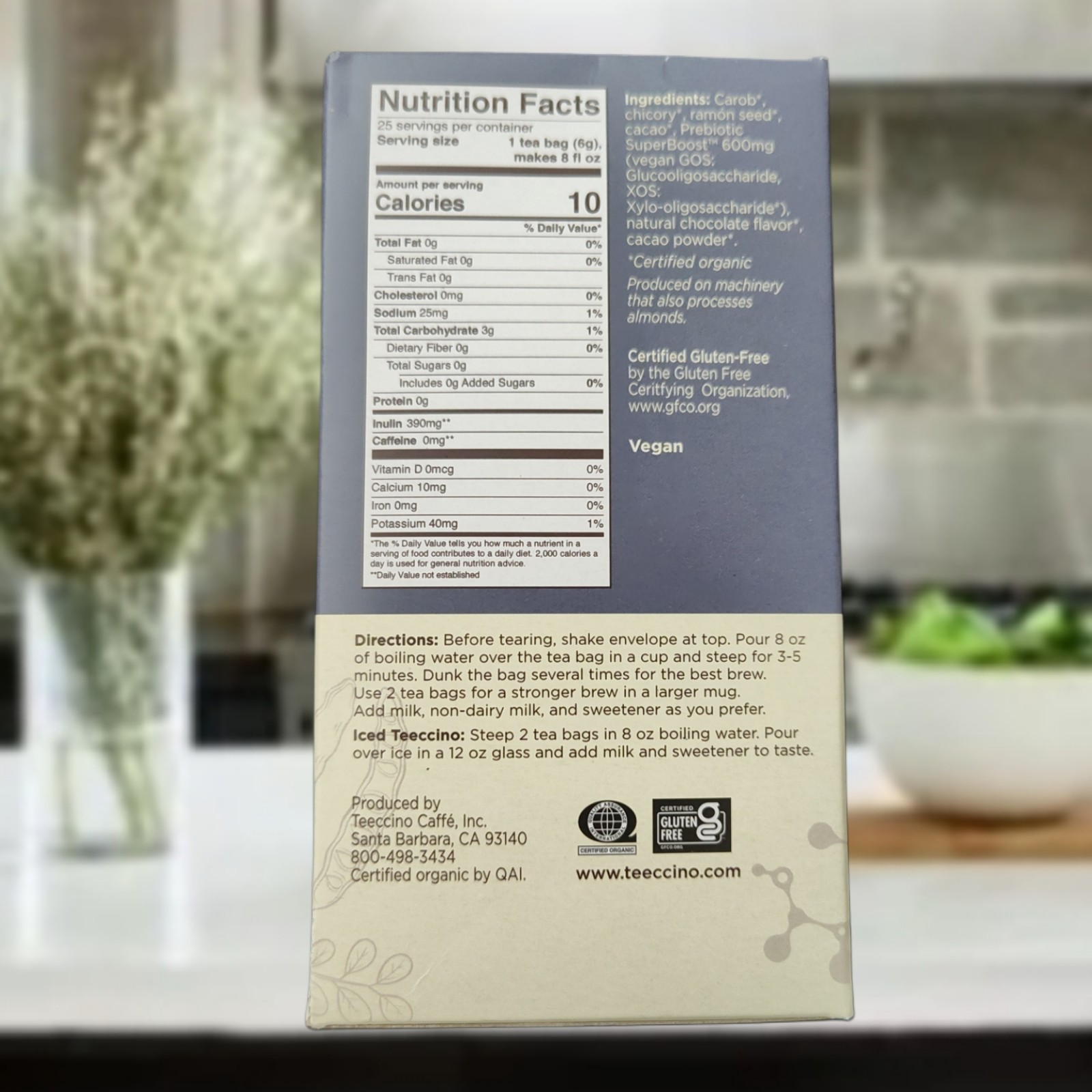 Teeccino Dark Chocolate Prebiotic Organic Herbal Tea 25 CT Gluten Free